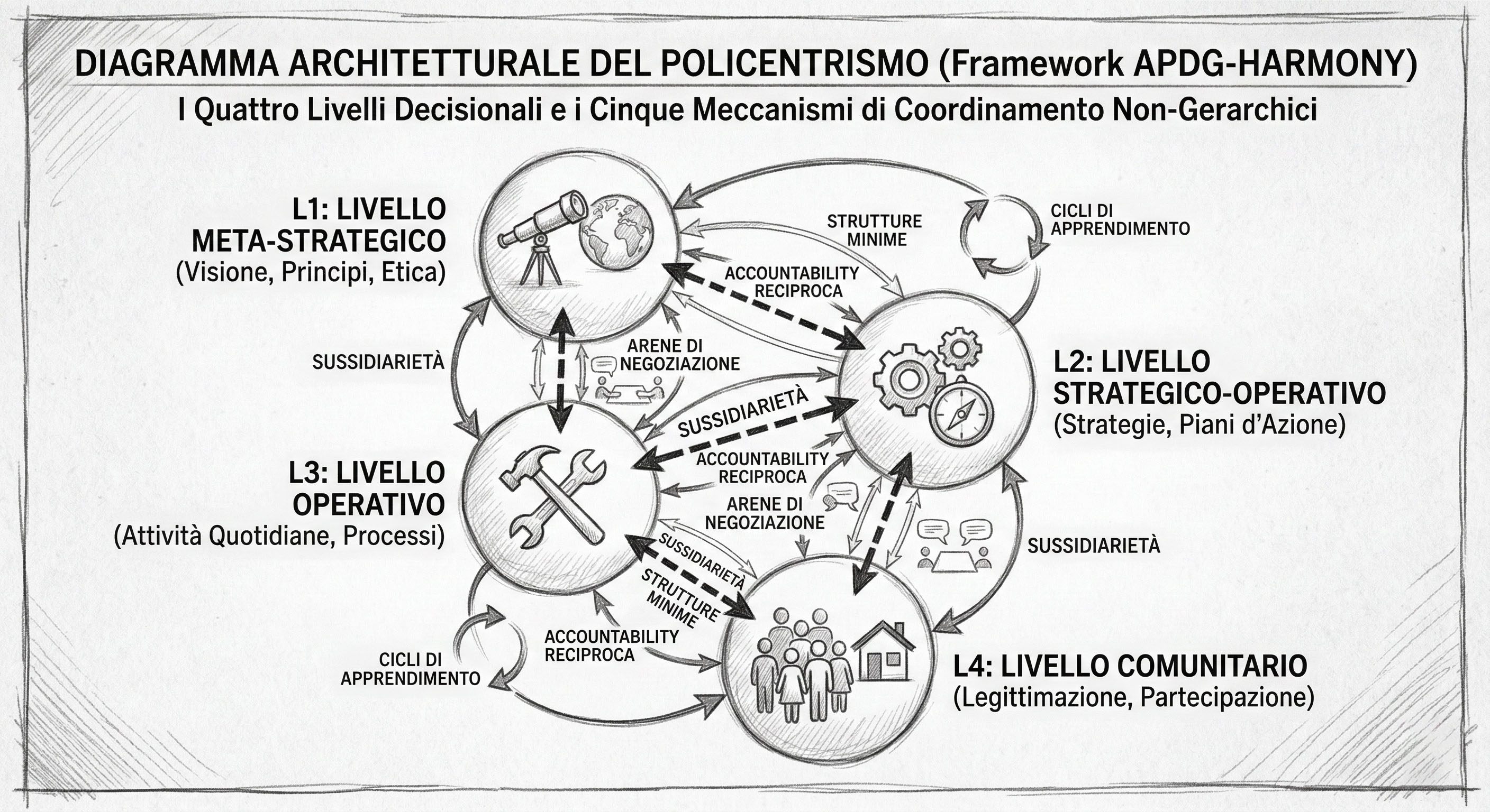 Diagramma architetturale del policentrismo APDG-HARMONY